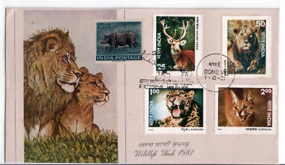 India 1981 Cubierta Especial Semana de Vida Silvestre Ciervo León Leopardo Caracal Bombay Cancl Foto 1 de 2