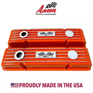 Cubiertas de válvula naranja con logotipo de bandera Chevy 327 bloque pequeño, aletas clásicas - Ansen EE. UU. - Imagen 1 de 5