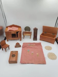 Vintage Dollhouse Furniture Wood Kage Floor Radio Buffet Vanity Chair Clock - Picture 1 of 24