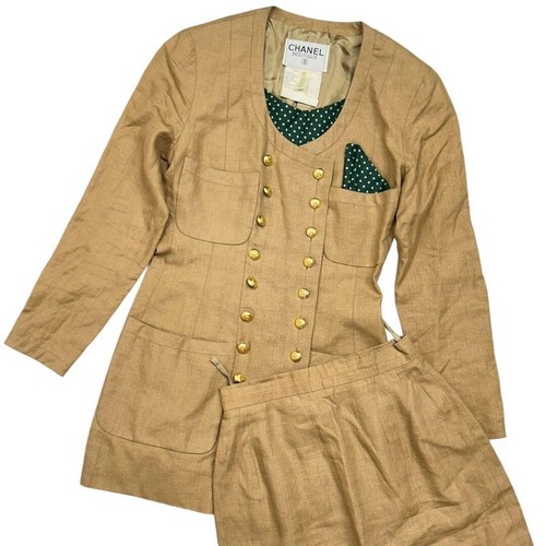 Giacca e gonna e sciarpa CHANEL Set Up Coco Mark bottoni oro lino taglia 34 beige