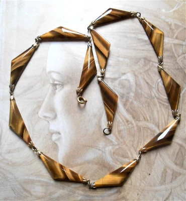 Superbe collier draperie ancien Art Déco plaqué or oeil de tigre - Photo 1/3