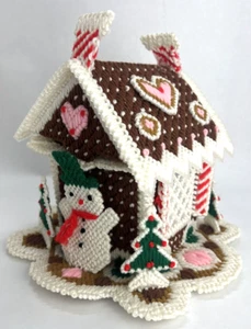 VTG Handmade Plastic Canvas Needlepoint Gingerbread Christmas House Top Opens - Picture 1 of 8