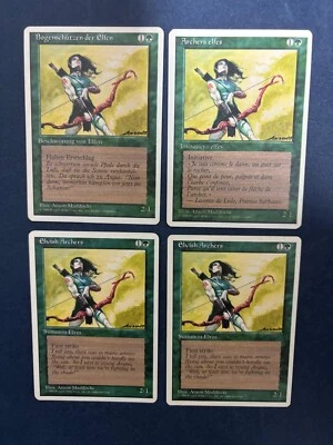 MTG 4X 4TH EDITION ELVISH ARCHERS ~ GERMAN + FRENCH + ENGLISH ~ RARE CREATURE - Image 1 of 4
