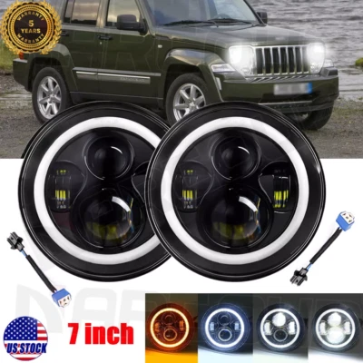 Pair 7" Inch Round LED Headlights Halo Angle Eyes Fit Jeep Wrangler JK LJ TJ CJ - Изображение 1 из 4