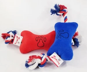 Americana Bone Rope Toy Red & Blue Squeaker dog toys puppy Gift B50 - Picture 1 of 3