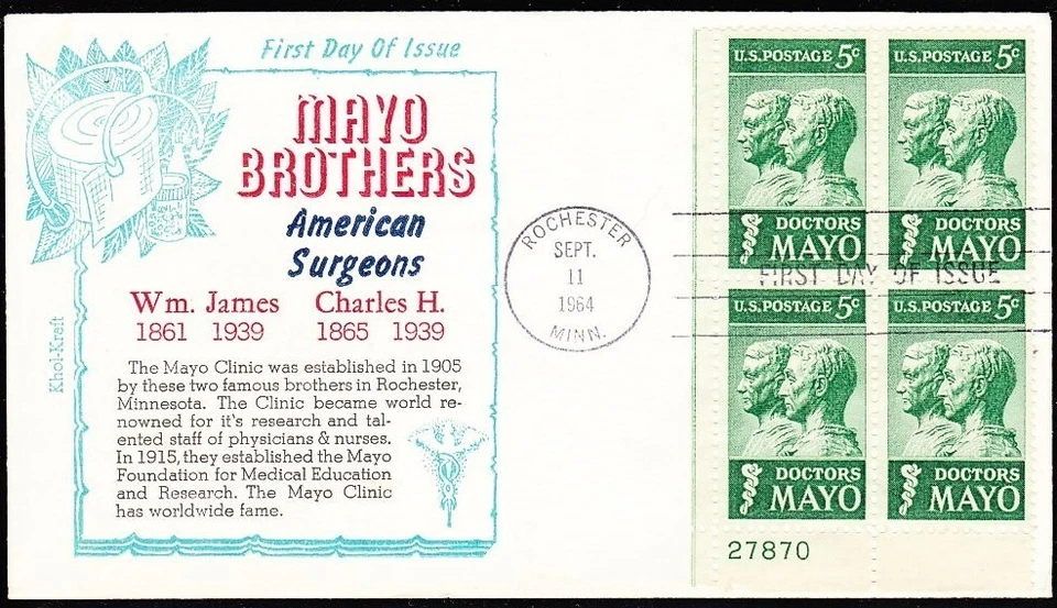 US 1964 Mayo Brothers Plate Block (1251) . First Day Cover,  Kohl Kraft Cachet - Image 1 of 1
