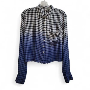 Free People Ombre P Small Cropped Top Blue Plaid Button Down Long Sleeve Trendy - Picture 1 of 7