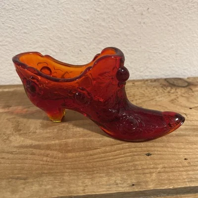 Fenton Ruby Red Glass Victorian Shoe Figurine Cabbage Rose Pattern - Image 1 of 4
