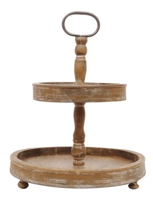 Distressed Brown Wood 2-Tier Tray with Metal Handle ** - Image 1 of 4