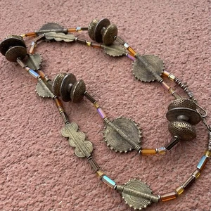 36” Long Boho Hippy Tribal Necklace African Brass Art Glass Beads Artisan - Picture 1 of 3