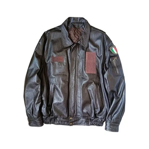 Italian Air Force Black Leather Bomber Jacket With Patch Size XL - Foto 1 di 12