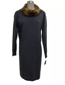 New Leslie Fay Elegant Charcoal Gray Sweater Dress Faux Fur Wide Collar size S - Picture 1 of 9