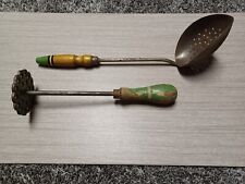 Two Vintage Green Wood Handled Kitchen Utensils - Slotted Spoon & Floral Masher