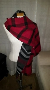 Joe Fresh winter scarf double sided gray black on one side red black plaid (T4) - Picture 1 of 2