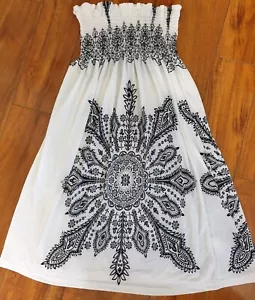 Neu Damen Trägerloses Kleid Elfenbein Schwarz Paisley Boho Grafikdruck Gr: Small - Bild 1 von 13