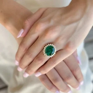 4Ct Oval Green Emerald Women's Halo Engagement Ring In 14K Yellow Gold Finish - Picture 1 of 12