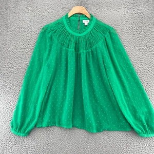 J Crew Top Womens Medium Green Swiss Dot Pleat Ruffle Neck Long Balloon Sleeve - Picture 1 of 11