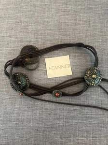 NWT Vintage Tanner Leather Hammered Medallion Belt Punchy Western Boho Stones - Picture 1 of 11