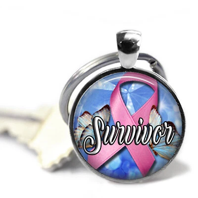 Llavero con tapa de vidrio para sobreviviente de cáncer de mama cinta rosa hecho a mano regalo Foto 1 de 2