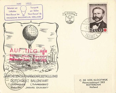 1953 Dutch Balloon Mail Cover 'Henri Dunant' Saar Red Cross Flight Rare - Image 1 of 2