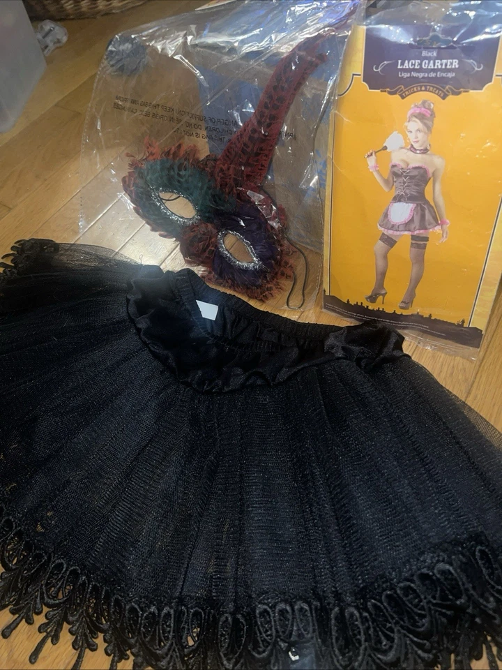 Misc Halloween Dress up Pieces, Lace Garter, Flapper Skirt, Feather Mask, 3 Pcs - Image 1 of 4