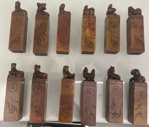 Menge 12 Vintage Tier Chinesisch Handgeschnitzt Speckstein 3 Zoll Siegel in Box - Bild 1 von 12