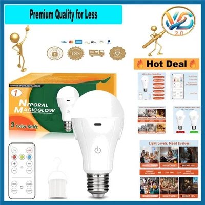 MagicGlow Lâmpada LED Recarregável 3 Cores Regulável A19 Controle Remoto USB Novo - Imagem 1 de 4