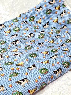 2.5 Yards Joan Kessler Chicken Cow Cotton Fabric 44" Wide Blue Quilting Sewing - Image 1 of 4