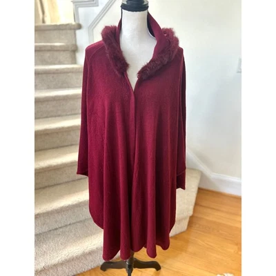 Unbranded Faux Fur Trim Burgundy Red Floral Print Shawl Hooded Cape - Image 1 of 4