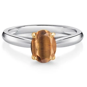10K White and Yellow Gold Brown Tiger Eye Solitaire Engagement Ring For Women - Picture 1 of 24