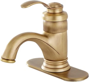 Grifos de lavabo de baño cascada de latón antiguos de una sola manija con un orificio para montaje en cubierta - Imagen 1 de 12