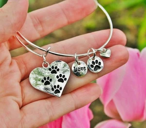 Haustierliebhaber Erweiterbar Draht Armreif Armband Sterlingsilber Plt Charms Pfotenabdrücke - Bild 1 von 8