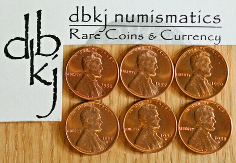 Lot of 6 - 1956-1958 P & D - Lincoln Wheat 1¢ Cents Penny - Gem Red Uncirculated Cover