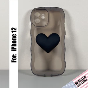 Case for iPhone 12 - Frosted Black | Big 3D Heart | Slim & Flexible | Wavy Edges - Picture 1 of 14