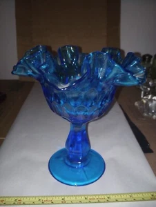 Vintage Fenton Blue Thumbprint Ruffled Edge Compote - Picture 1 of 2