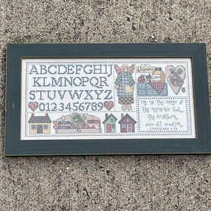 Vintage Framed Cross Stitch ABC SAMPLER Primitive Bible Verse Salt Box ❤️blt10m4 - Picture 1 of 7