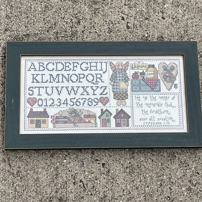 Vintage Framed Cross Stitch ABC SAMPLER Primitive Bible Verse Salt Box ❤️blt10m4 - Image 1 of 4