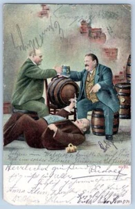 1906 JOLLY FAT DRUNK MEN DRINKING BEER STEINS KEGS ANTIQUE POSTCARD - Picture 1 of 2