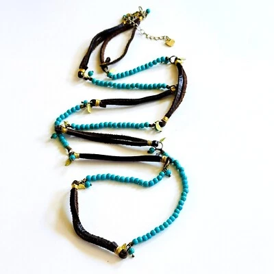 Collar Nakamol Azul Turquesa Cuero Pluma Latón Cuentas Largo BOHO Diseñador Foto 1 de 4