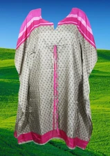 Women Silk Sari Caftan Dress, Midi Kaftan, Gray Pink Print Beach Dress  L-4XL