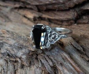 Onyx Sarg & Rose Ring 925 Sterling Silber & Natur Edelstein Gothic - Bild 1 von 2