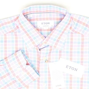 NWT Eton Contemporary Mens Dress Shirt 16/36 L Pink Blue Orange Check Cotton - Picture 1 of 4