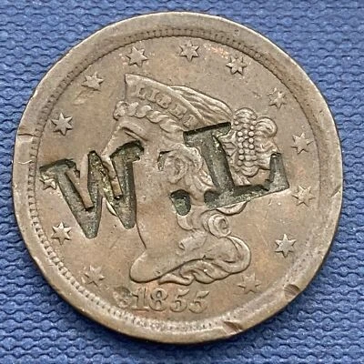 Medio centavo cabello trenzado 1855 1/2 centavo mejor grado contraestampado W.L. #42811 Foto 1 de 2