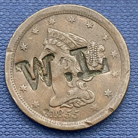 1855 Braided Hair Half Cent 1/2 Cent Better Grade Counterstamped W.L. #42811 Cover