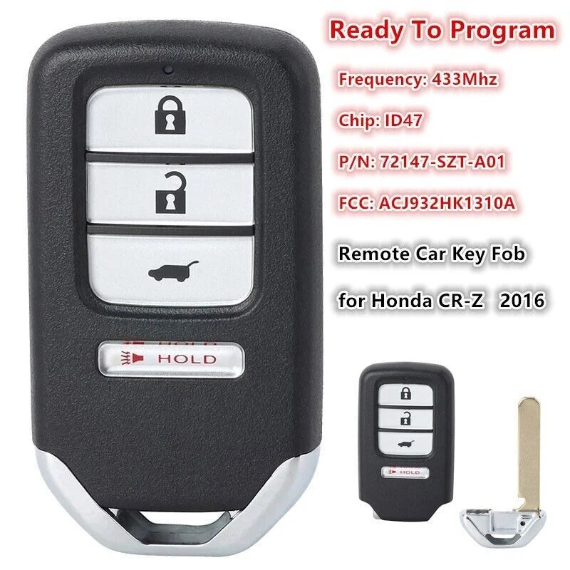 4Button Smart Key Fob Keyless Prox Remote Key for Honda CR-Z 2016 ACJ932HK1310A Foto 1 de 4