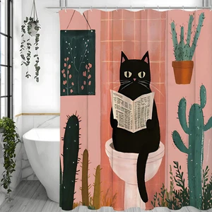 Katzen Duschvorhang, Katze sitzend auf Toilette Badezimmer Deko Duschvorhang - Bild 1 von 13