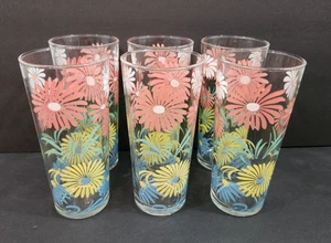 Vintage Daisy Tumbler Drinking Glasses 6.5" Pastel Flowers Set Of 6 Pink Yellow - Picture 1 of 15