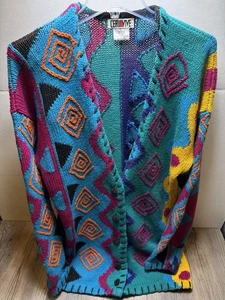 Vintage 80s L’eau Vive Women’s Large Rainbow Geometric Cardigan Sweater Art - Picture 1 of 4