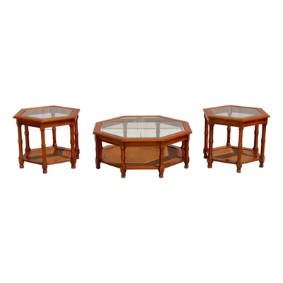 Mesa de centro moderna Mid-Century con tapa de vidrio octogonal de nogal y caña + 2 a juego Foto 1 de 4