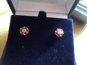 9ct Ruby and Diamond Cluster Earrings - Picture 1 of 6